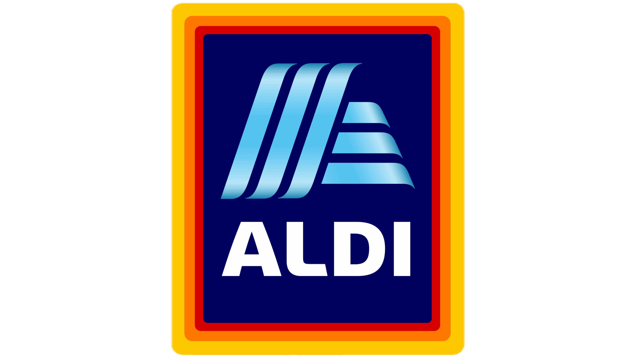 Graphic of the Aldi logo on grey and white tiles. Aldi is written in white writing and the logo is positioned above which is three vertical stripes beside three horizontal stripes with a border of red yellow and orange.