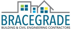 Graphic of the Bracegrade Logo with three buildings above the writing and "building and civil engineering contractors" underneath Bracegrade.