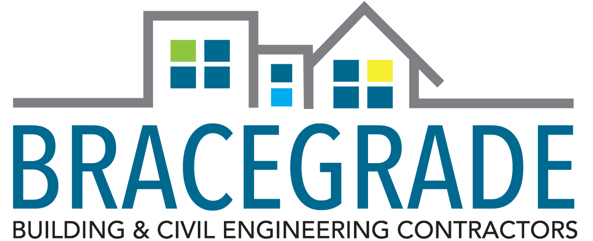 Graphic of the Bracegrade Logo with three buildings above the writing and "building and civil engineering contractors" underneath Bracegrade.