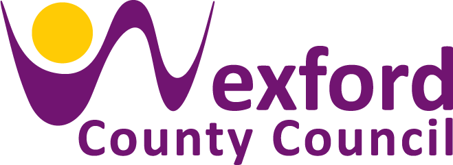 Graphic of the Wexford County Council logo with purple writing and a purple squiggle and a yellow circle to the left.