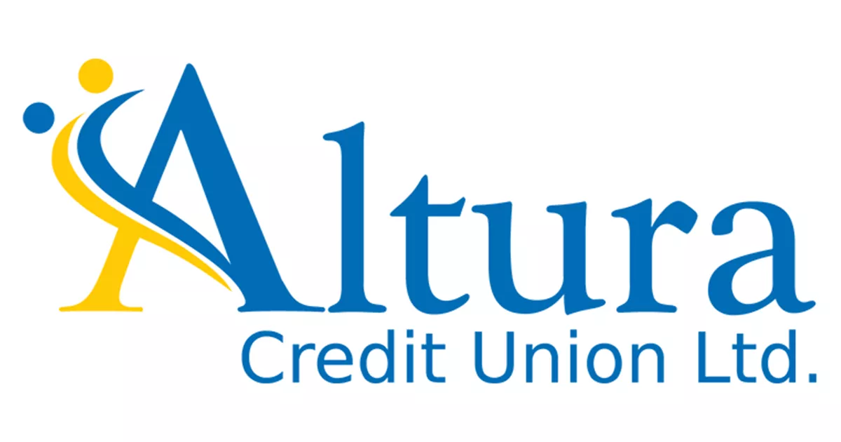 Graphic of the Altura Credit Union Ltd Logo which is all written in blue with the A having two strokes of blue and yellow coming from it and two circles at the end of the strokes.