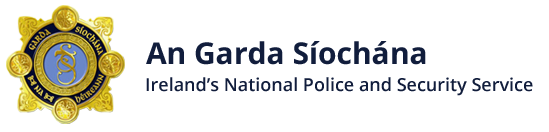 Graphic of the An Garda Síochána Logo with a golden crest and a spiral in the centre with the words "Ireland's National Police and Security Service".