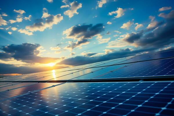 Graphic of a group of solar panels with clouds above them and a bright sun in the background.